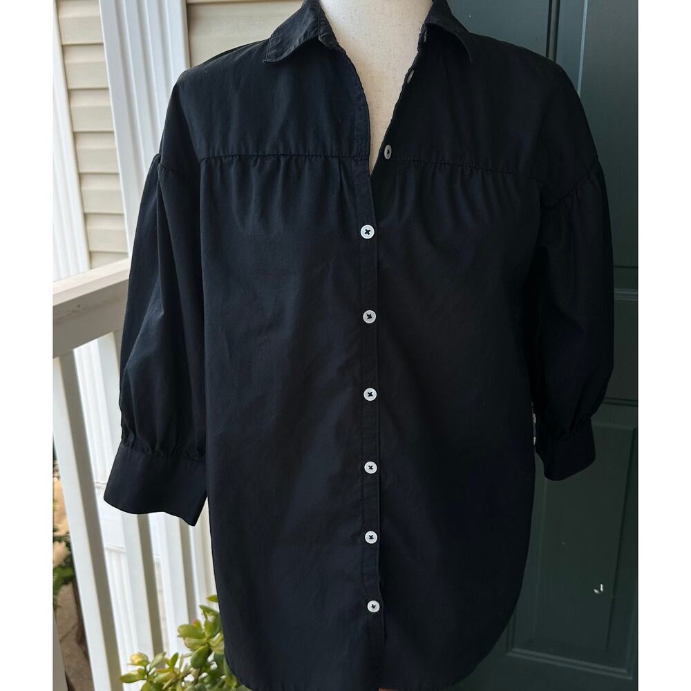 Maeve by Anthropologie XS Black Puff Sleeve Cotton Shirt Dress Cottagecore Mini